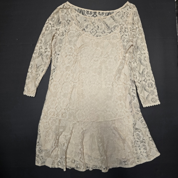 Free People Walking to the Sun Cream Lace Mini Dress Size 10 Boho Drop Waist - Picture 12 of 16
